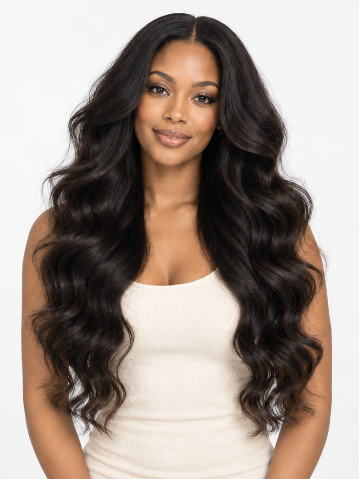 AVH Signature Body Wave on model, front view — AI styling illustration