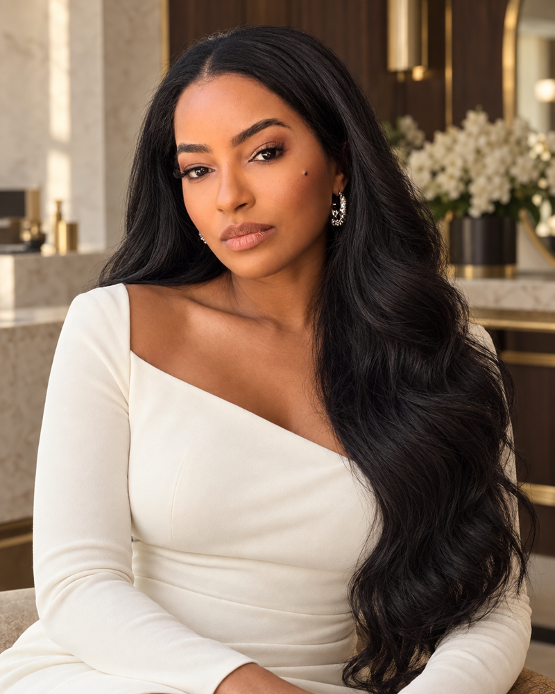 Abigail, founder of Beauté by AVH, in an ivory dress with long voluminous black hair