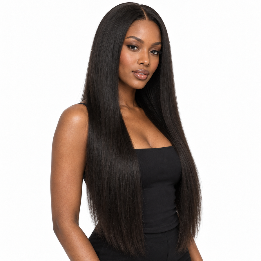 Amazonian Straight 5x5 Wig styled on a model — AI-generated illustration