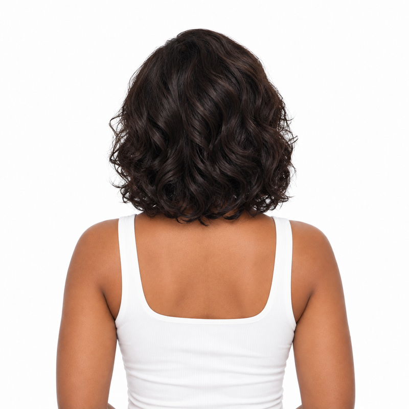 DAISY wig back view on model — AVH Extensions