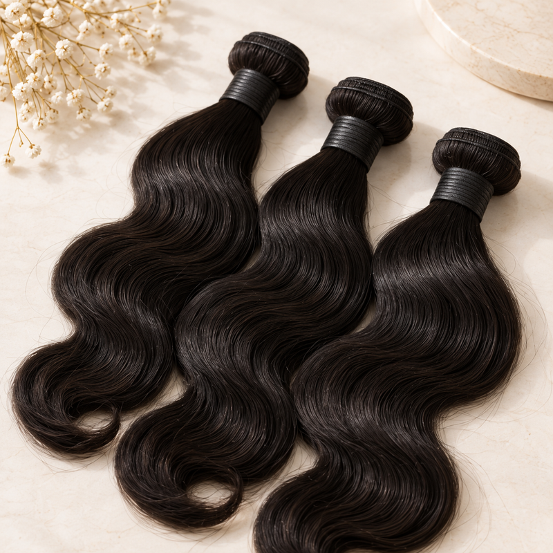 Illustrative body-wave hair bundles on ivory