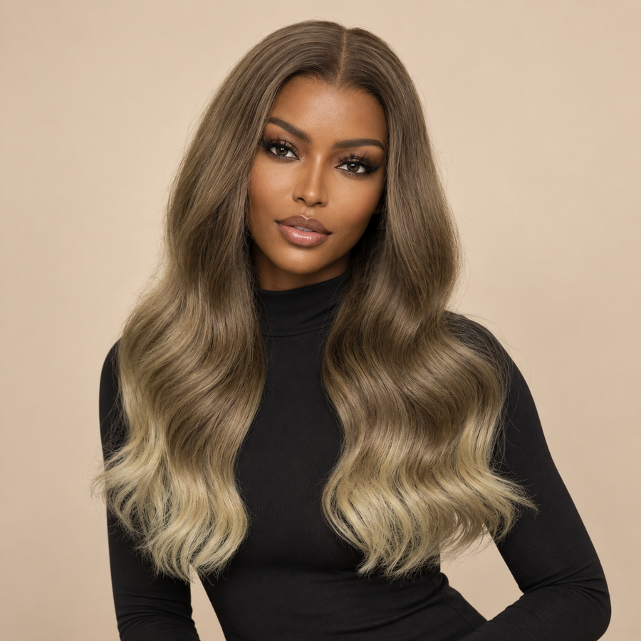 FELICIA ash-brown ombre wavy wig styled on a model — AI-generated illustration