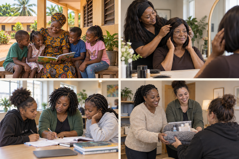 AI-created outreach collage illustrating children's care in Nigeria, medical wig support, local mentoring, and women's shelter support.